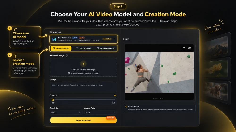 SeedGen interface showing how to choose an AI video model and creation mode