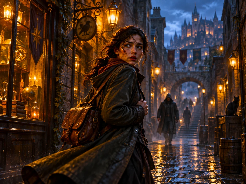 Fantasy character in a lantern-lit street prepared for an animated story scene