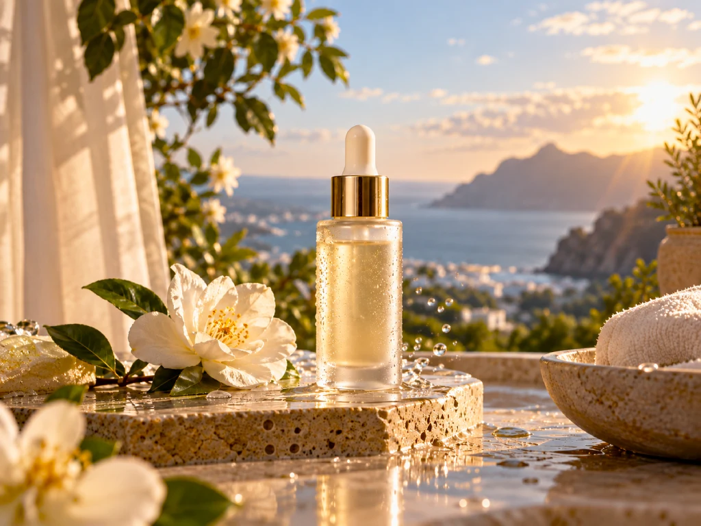 Skincare serum bottle staged beside flowers with a sunset coastal backdrop