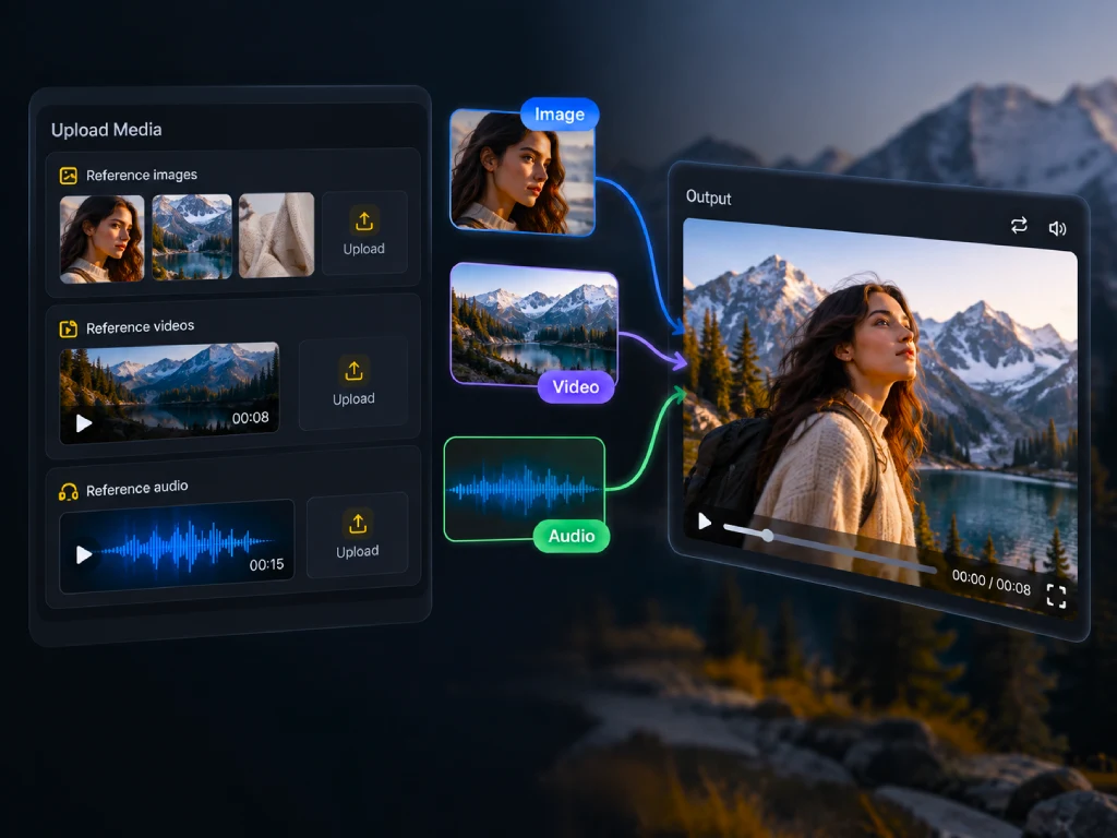 Image, video, and audio references guiding one generated mountain scene