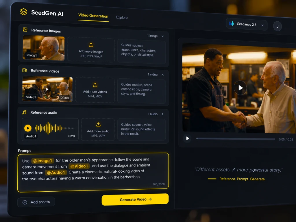 Prompt using Image1, Video1, and Audio1 markers to guide a video