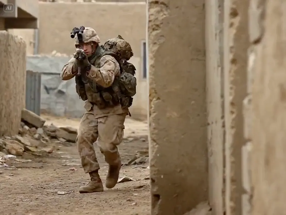 Soldier moving through a ruined urban street