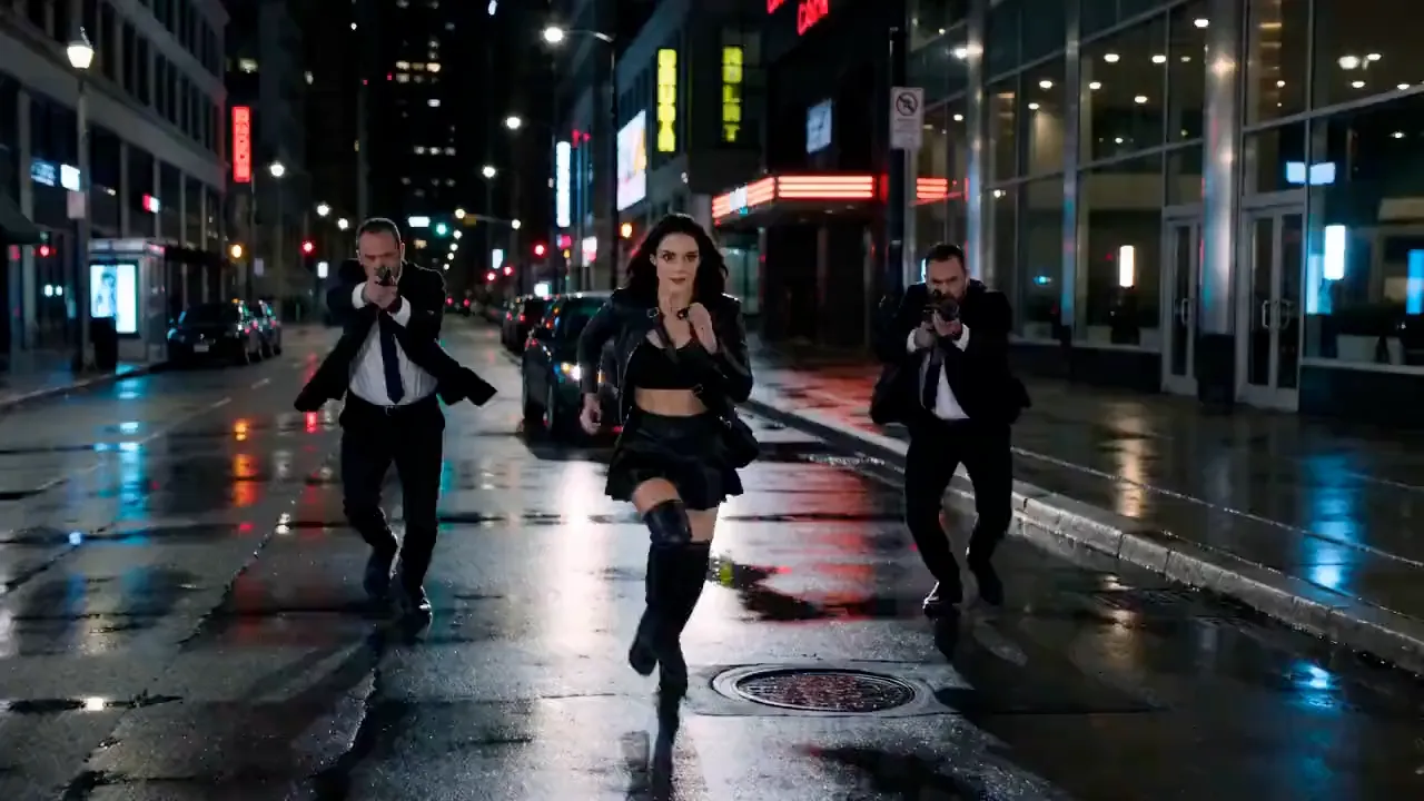 Woman running through a rain-soaked city at night