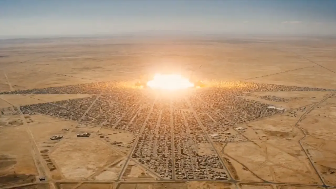 Aerial view of a desert city with a bright explosion