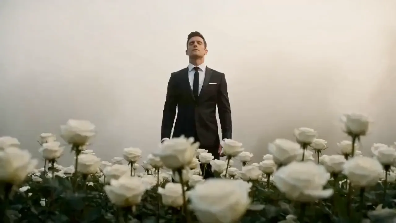 Man in a black suit standing among white roses