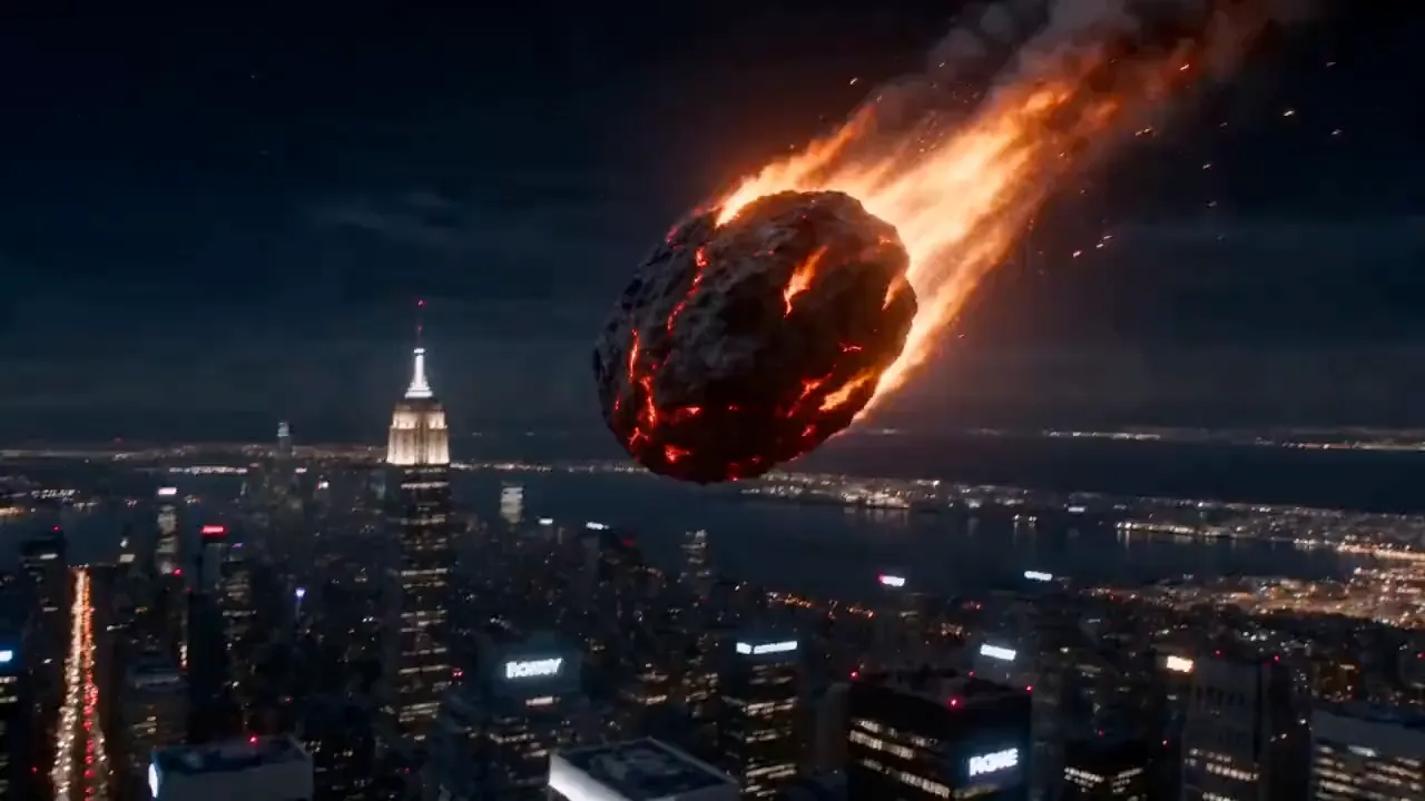 Flaming meteor flying over a city at night