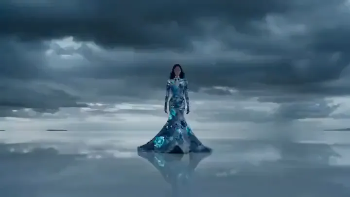 Woman in a blue gown standing on a reflective shore