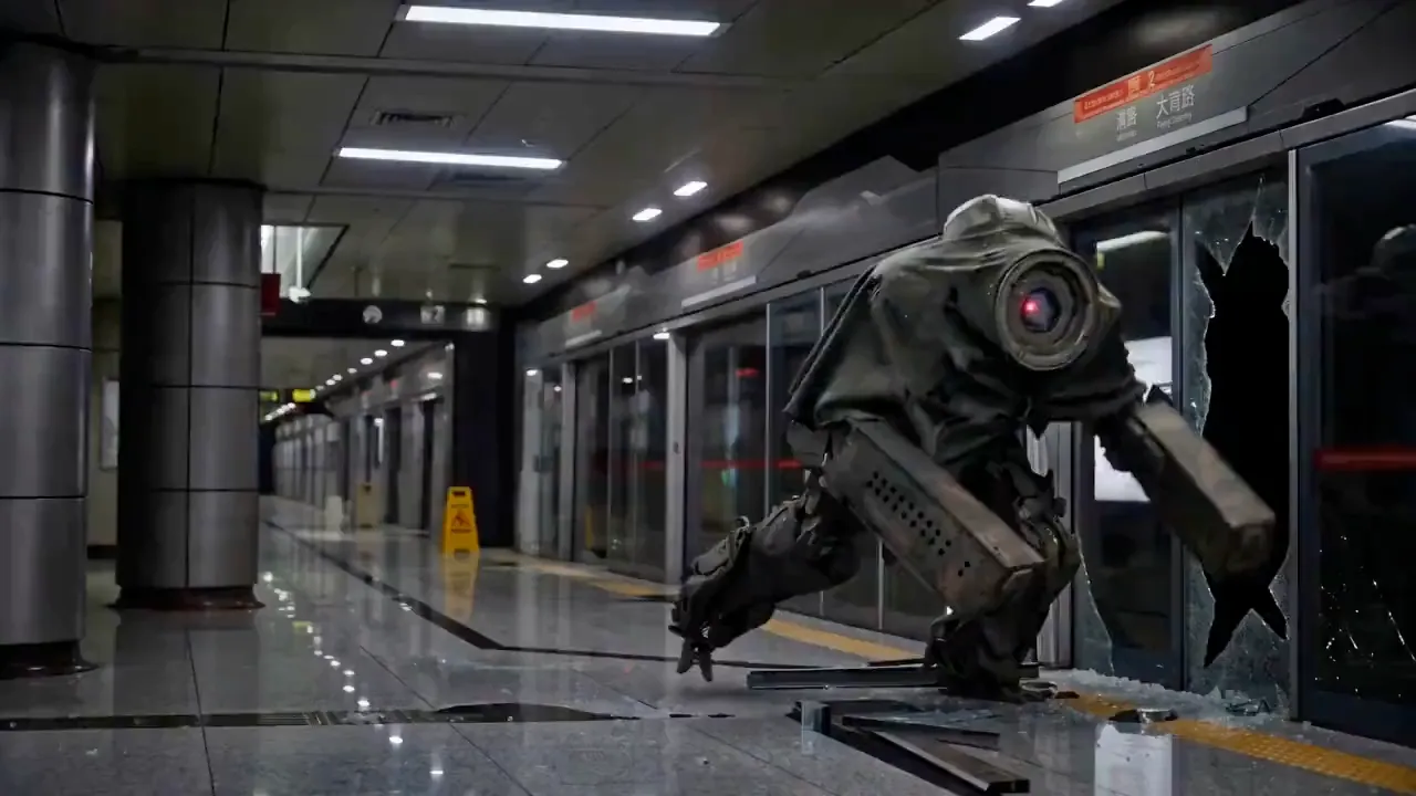 Robot breaking through a subway station window