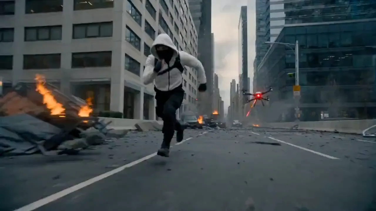 Runner escaping through a damaged city street