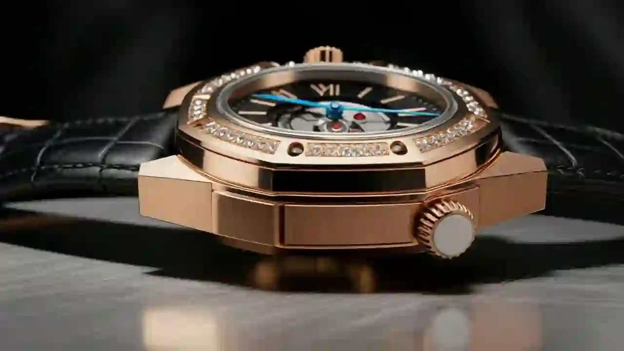 Close-up product video frame of a rose-gold luxury watch